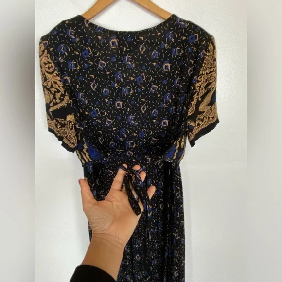 Carole Little 90s Pleated Maxi Dress Sz 12 Tribal Boho Whimsigoth V-Neck VTG USA - Picture 7 of 12